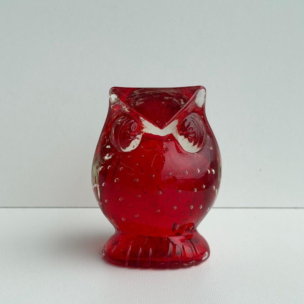 Vintage Murano Style Owl Paperweight Red Art Glass Controlled Bubble Mid Century